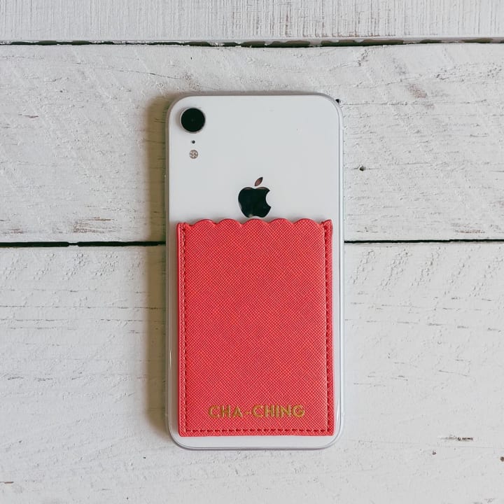 Cha Ching Phone Pocket in Coral Pink | Adhesive Pocket 2.5" x 3.5" for Cards or Cash