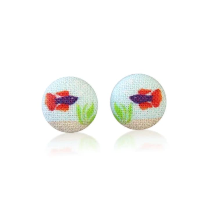 Purple & Orange Beta Fish Fabric Button Earrings | Handmade in the US