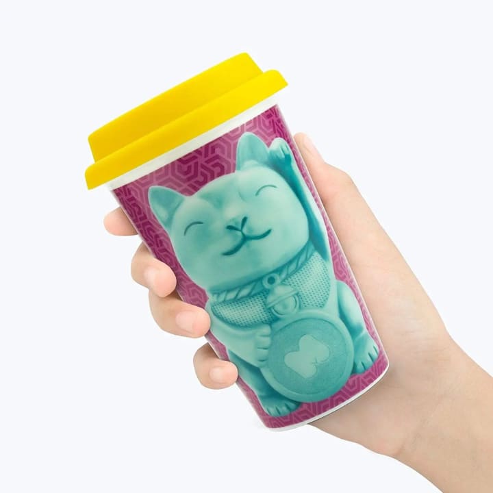 Lucky Cat Ceramic Double Wall Travel Mug in Pop Art Multicolor