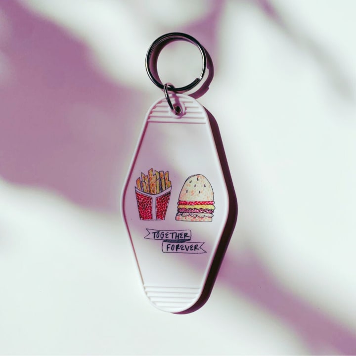 Together Forever Burger and Fries Motel Style Illustrated Keychain