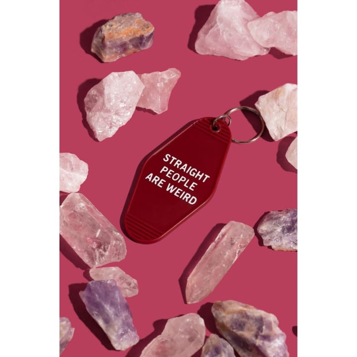 Straight People Are Weird Motel Style Keychain in Dark Red | LGBTQIA Pride Item