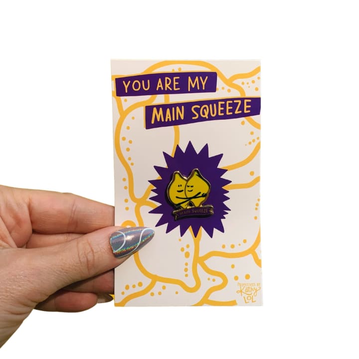 You Are My Main Squeeze Hugging Lemons Enamel Pin in Yellow