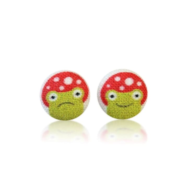 Mushroom Frog Fabric Button Earrings | Handmade in the US