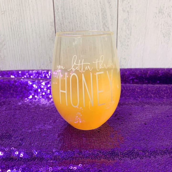 You Better Thrive Honey Wine Glass in Yellow Ombre | Stemless Wine Glass | 20oz