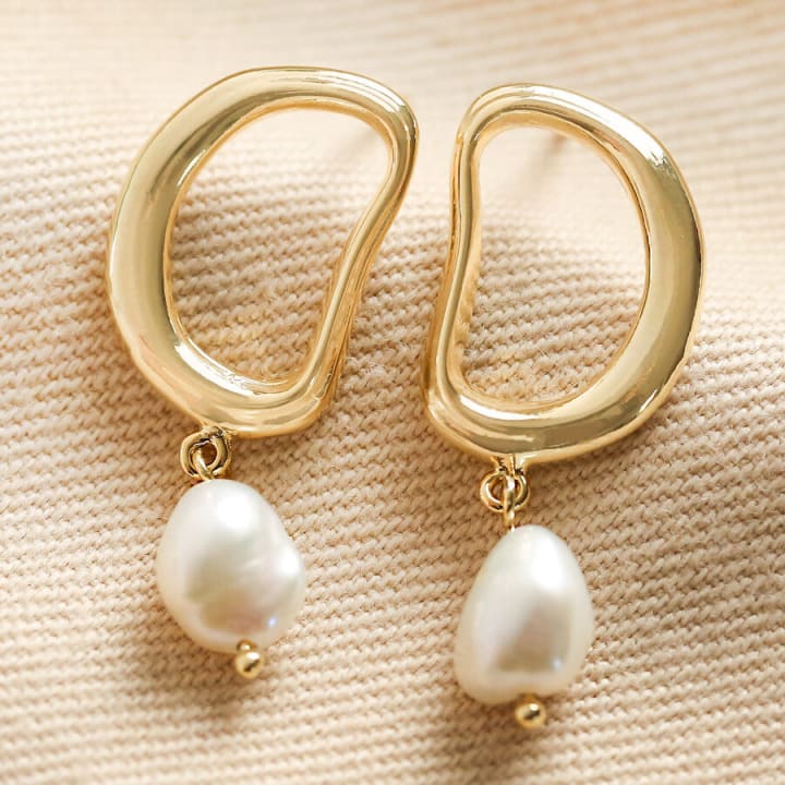 Organic Circle Pearl Drop Earrings in Gold | Designed in the UK | Gold Plated Brass