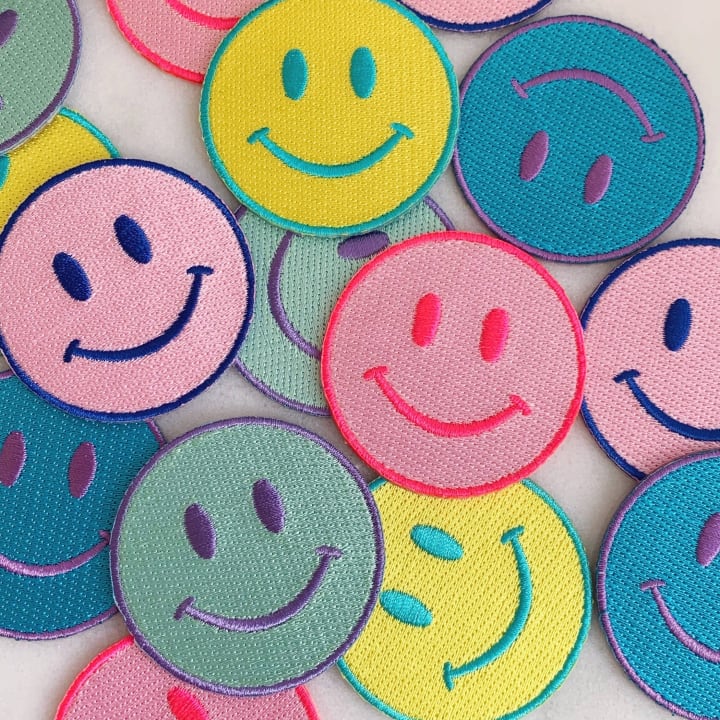 Smiley Face Patch in Pink-Neon Pink, Mint or Yellow | Fully Embroidered 80's Smiley Icon