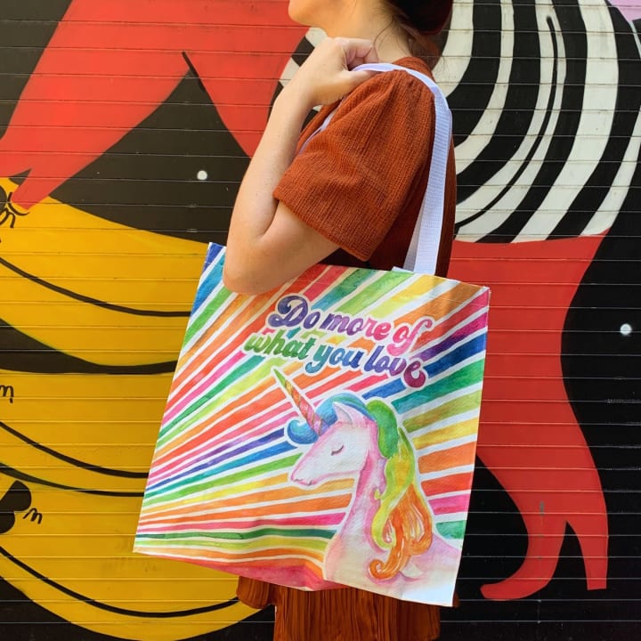 Do More Of What You Love Large Market Tote Bag in '70s-'80s Unicorn Rainbow Design | 15.50" x 15.25" x 6"