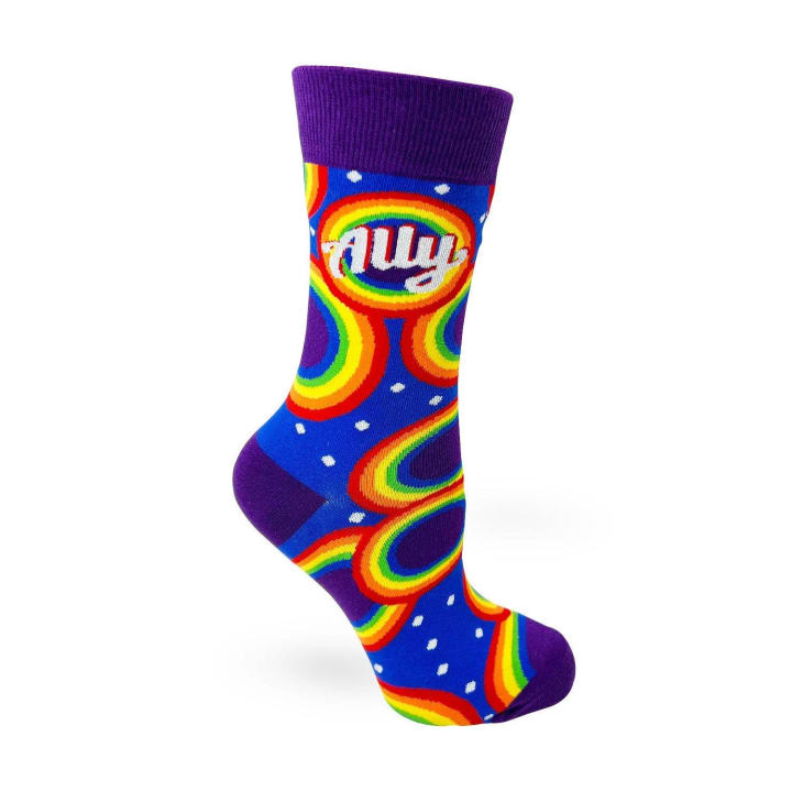 Ally Women's Novelty Crew Socks in Purple and Rainbow Design | LGBT Community Supporters