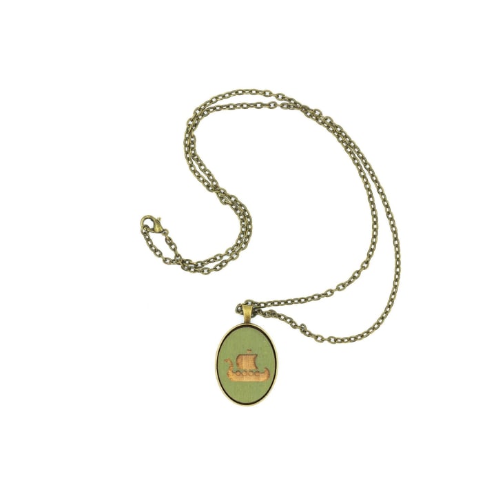 Olive Green Viking Ship Small Cameo Oval Pendant | Brass | Handmade