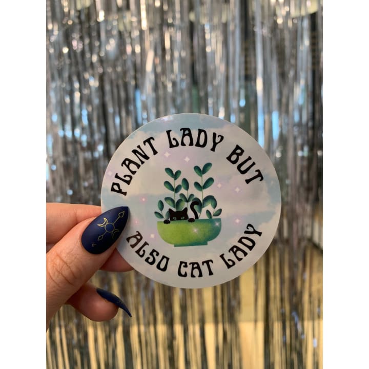 Plant Lady But Also Cat Lady Glossy Circle Vinyl Sticker 3in x 3in