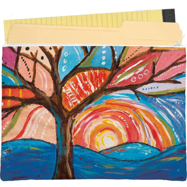 Jumbo Pouch Painted Tree Zipper Folder | Organizer Pouch Recycled Material | 14.25" x 10"