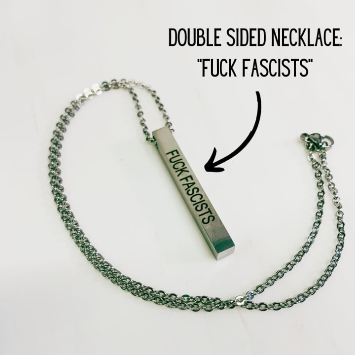 Burn the Patriarchy 🔥 Fuck Fascists Stainless Steel Bar Necklace | Minimalist Feminism Pendant Engraved on Two Sides