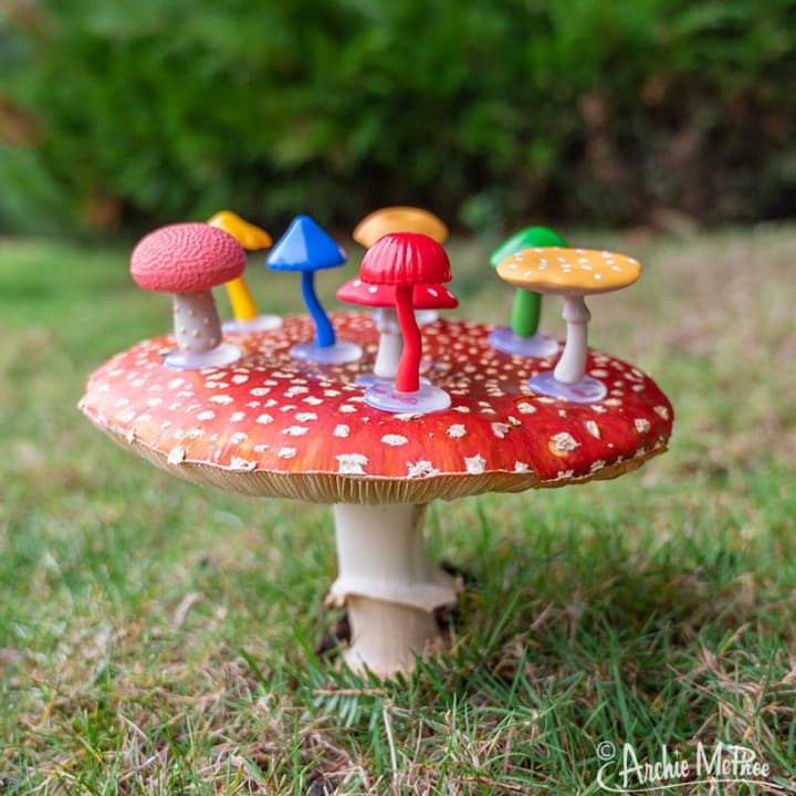 Mushroom Figurines | A Collection of Eight Mini Mushrooms in Box | Freestanding Soft Vinyl Mushroom Decor