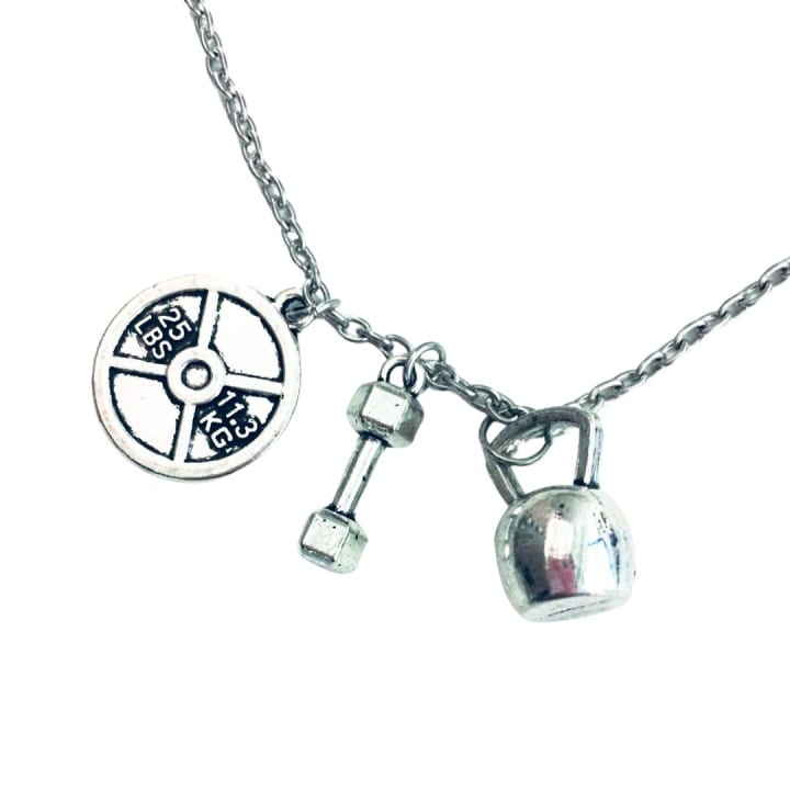 Badass Weightlifter Triple Charm Necklace in Silvertone