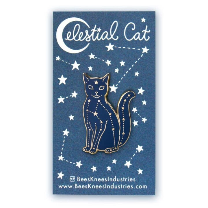 Celestial Cat Enamel Pin in Navy Blue