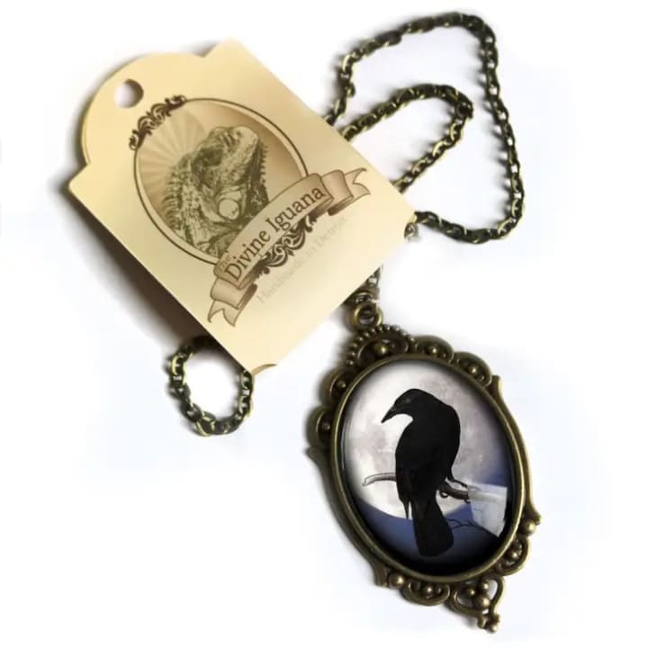 Raven On Full Moon Ornate Oval Pendant Necklace | Handmade in the US