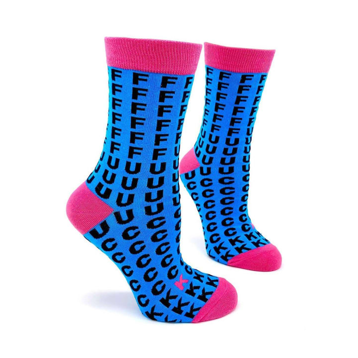 FFFFFFUUUUCCCCCKKK Women's Crew Socks | Blue and Pink Funny Sweary Novelty Socks