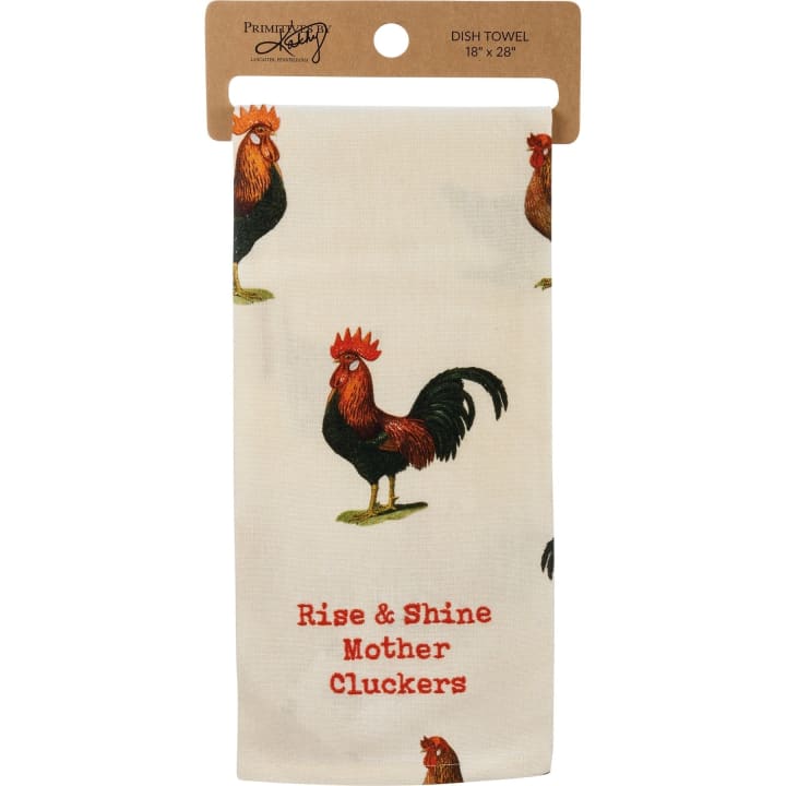 Rise & Shine Mother Cluckers Dish Cloth Towel | Cotten Linen Novelty Tea Towel | Embroidered Text | 18" x 28"