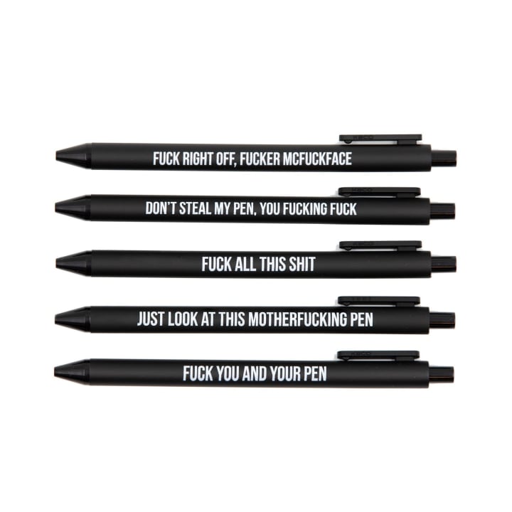 Sweary Fuck Pens Cussing Pen Gift Set - 5 Black Gel Pens Rife with Profanity