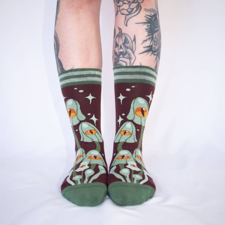 Mystic Mushrooms Crew Socks | Enchanted One-eyed Fungi Footwear