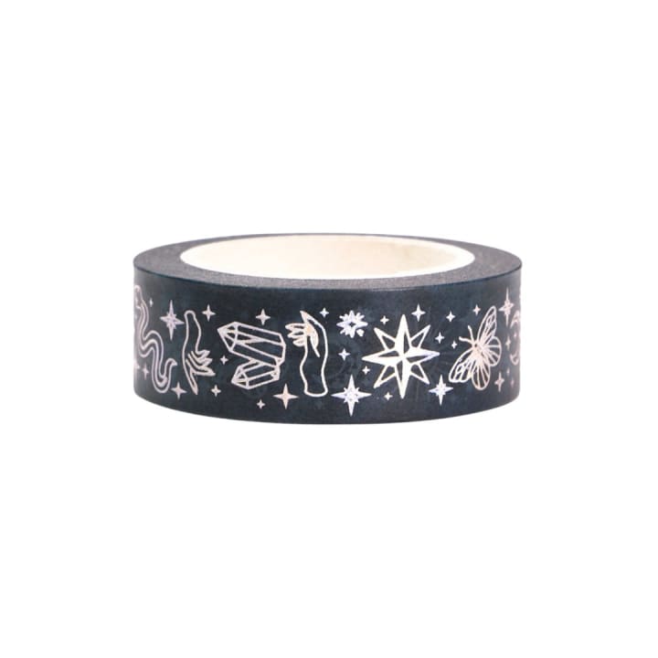 Silver Snake Washi Tape | Snake and Crystal Motif on Black | Gift Wrapping and Craft Tape