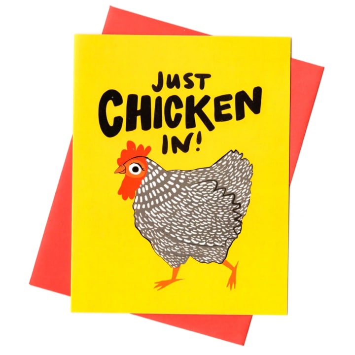 Just Chicken In Yellow Greeting Card |  4.3” x 5.5" Blank Inside Greeting Card