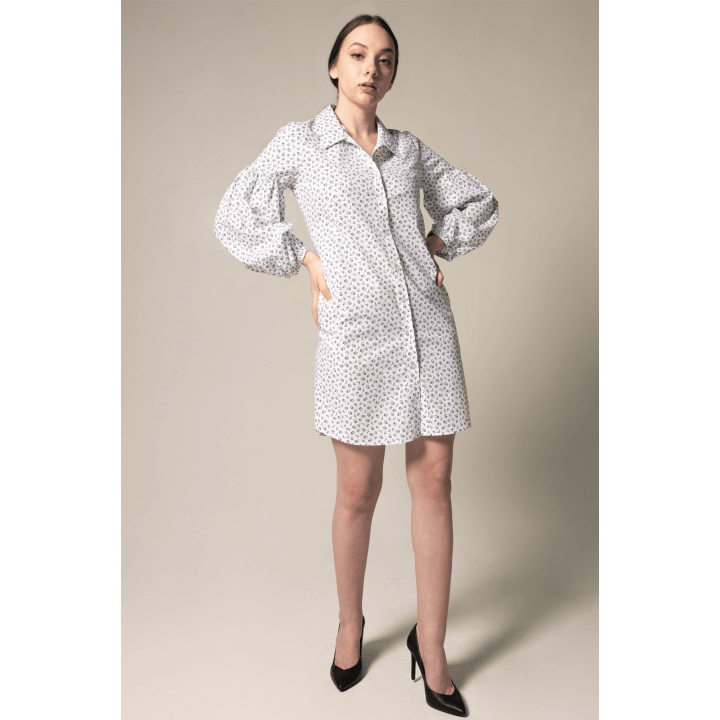Shirt Dress with Oversized Sleeves in White Floral