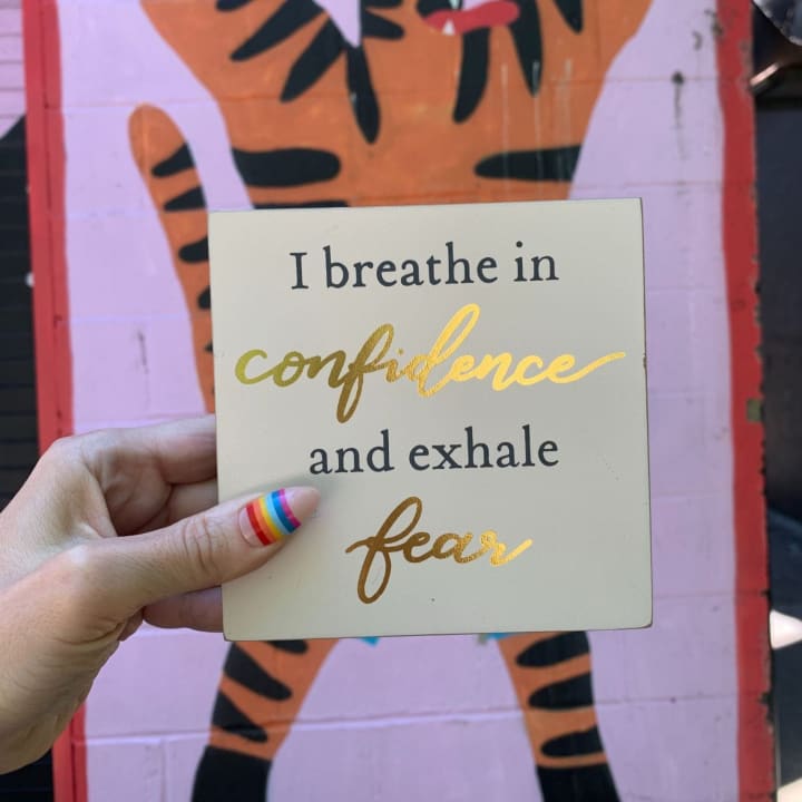 I Breathe In Confidence And Exhale Fear Inspo Block Sign | Metallic Copper Details