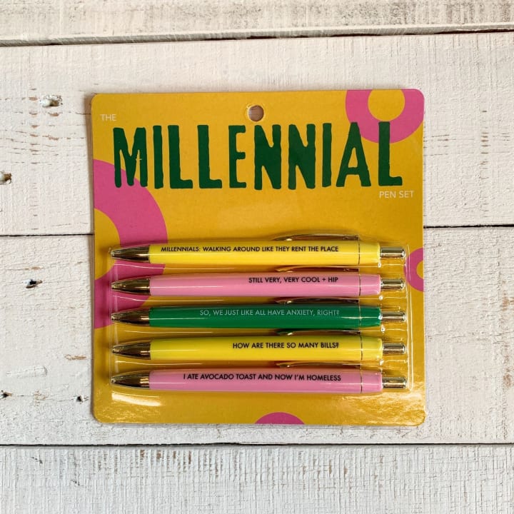 Fun Club Millennial Stereotypes Pen Set | Giftable Set of 5 Funny Pens