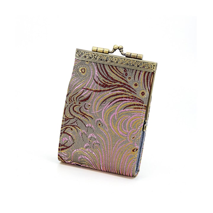 Card Holder in Grey and Pink Peacock Brocade | 10 Slots | RFID Blocking