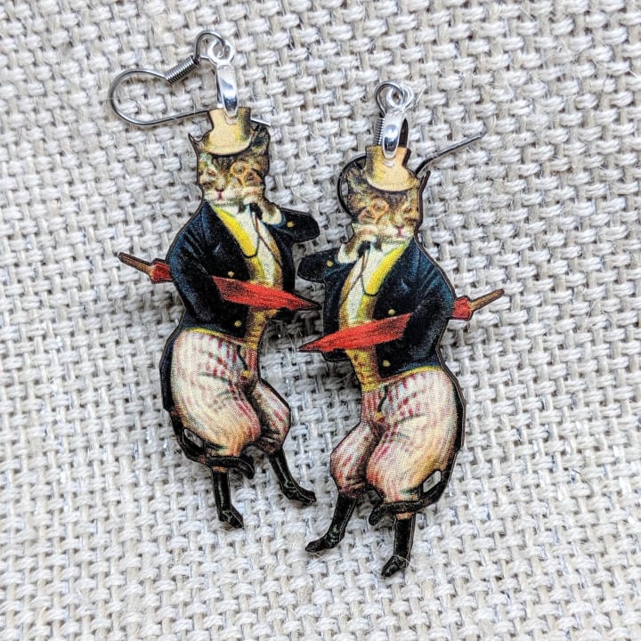 Dapper Cat Dangling Earrings | Handmade | Lightweight Wood