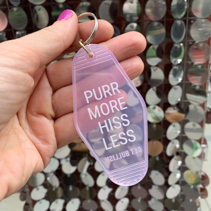 Purr More Hiss Less Motel Style Keychain in Pink Translucent