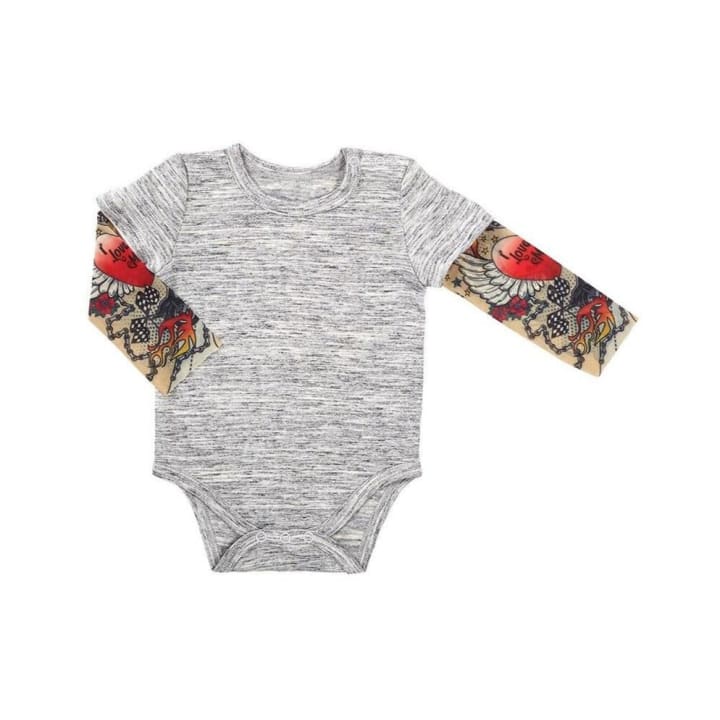 Tattoo Snapshirt Baby Bodysuit in Gray | Unisex Size 6-12 Months | Funny Full Sleeve Tattoo Infant Shirt