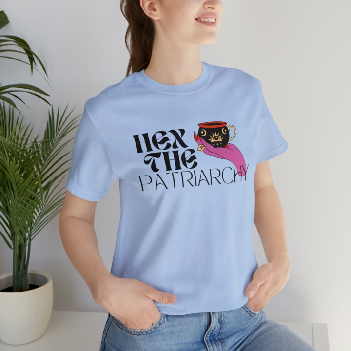 Hex the Patriarchy Feminist Jersey Short Sleeve Tee [Multiple Colors and Sizes] - Color: Baby Blue, Size: XS