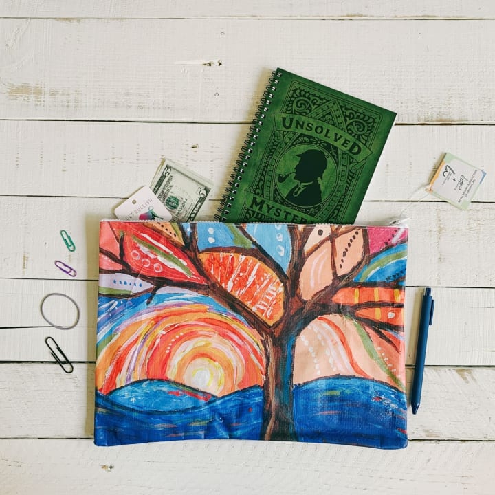 Jumbo Pouch Painted Tree Zipper Folder | Organizer Pouch Recycled Material | 14.25" x 10"