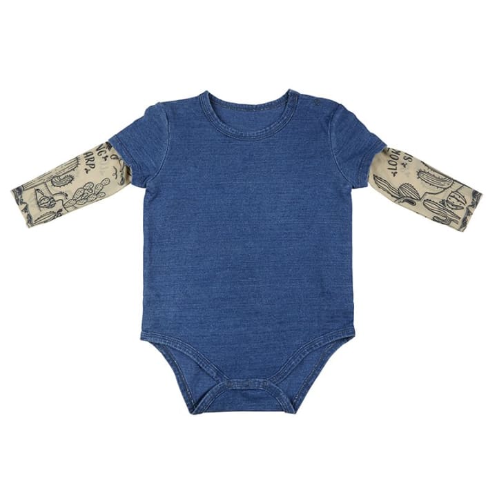 Cactus Tattoo Snapshirt Baby Bodysuit in Blue | Unisex Size 6-12 Months | Cowboy Western Funny Full Sleeve Tattoo Infant Shirt