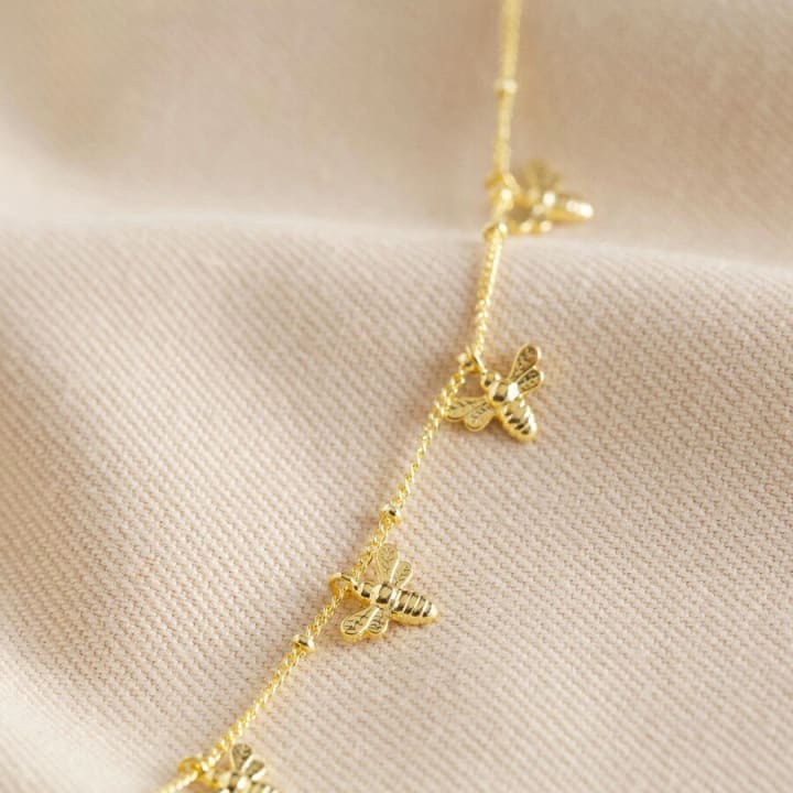 Tiny Bee Charms Necklace in Gold | Designed in the UK | 14K Gold Plated Brass