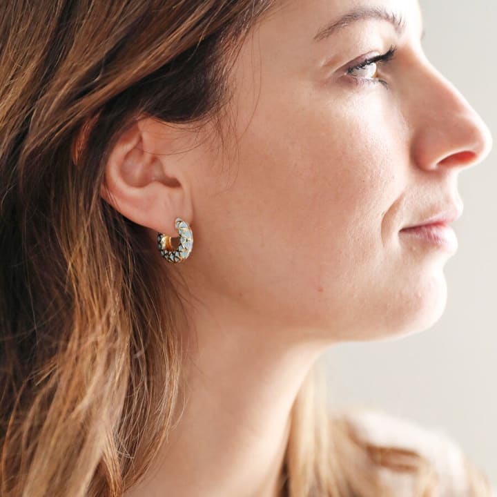 Blue Geometric Enamel Hoop Earrings in Gold | Designed in the UK | 14K Gold Plated Brass