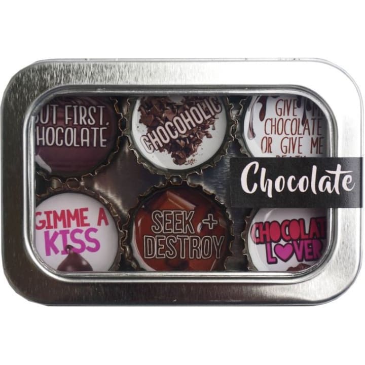 Chocolate Magnets 6 Pack | Round Bottle-Cap Style Magnet Set in a Gift Tin