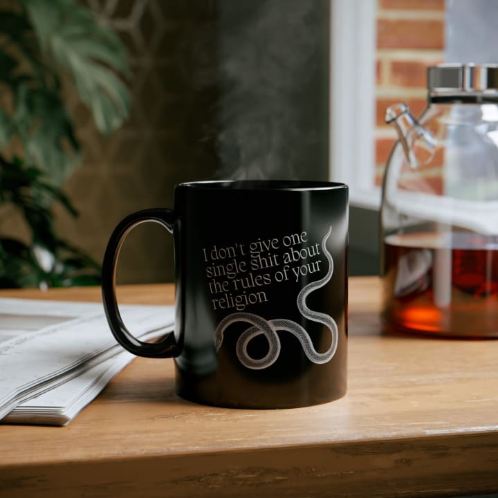 I Don't Give One Single Shit About the Rules of Your Religion Snake Mug in Black