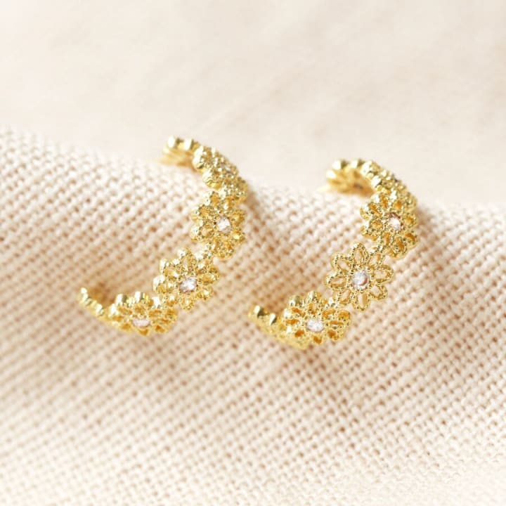 Crystal Daisy Hoop Earrings in Gold | Designed in the UK | 14K Gold Plated Brass