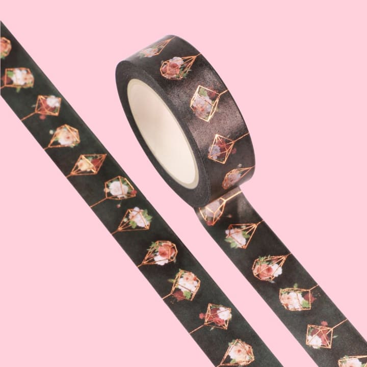 Black Geo Flowers Washi Tape with Rose Gold Accents | Gift Wrapping and Craft Tape