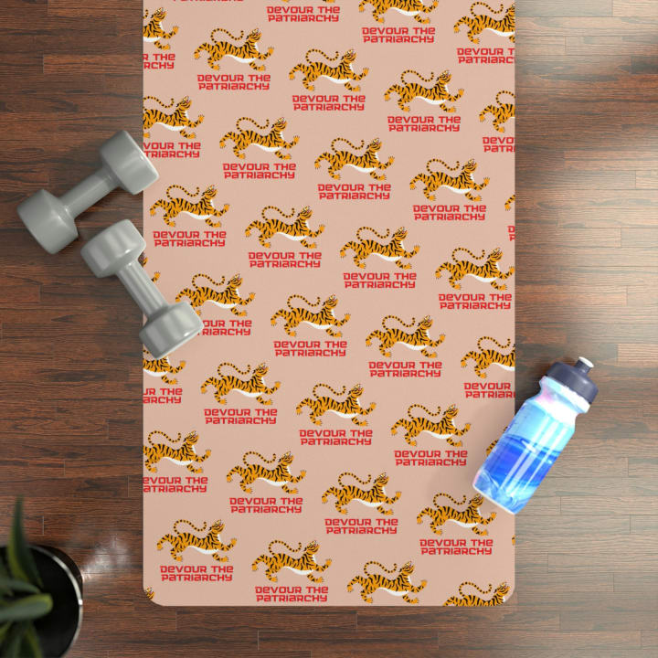 Devour the Patriarchy 🐅 Rubber Yoga Mat with Feminist Tiger Motif - Size: 24” x 68”