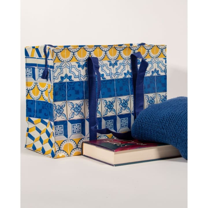 Painted Tiles Shoulder Tote Bag in Blue and Yellow | 11" x 15" | BlueQ at GetBullish