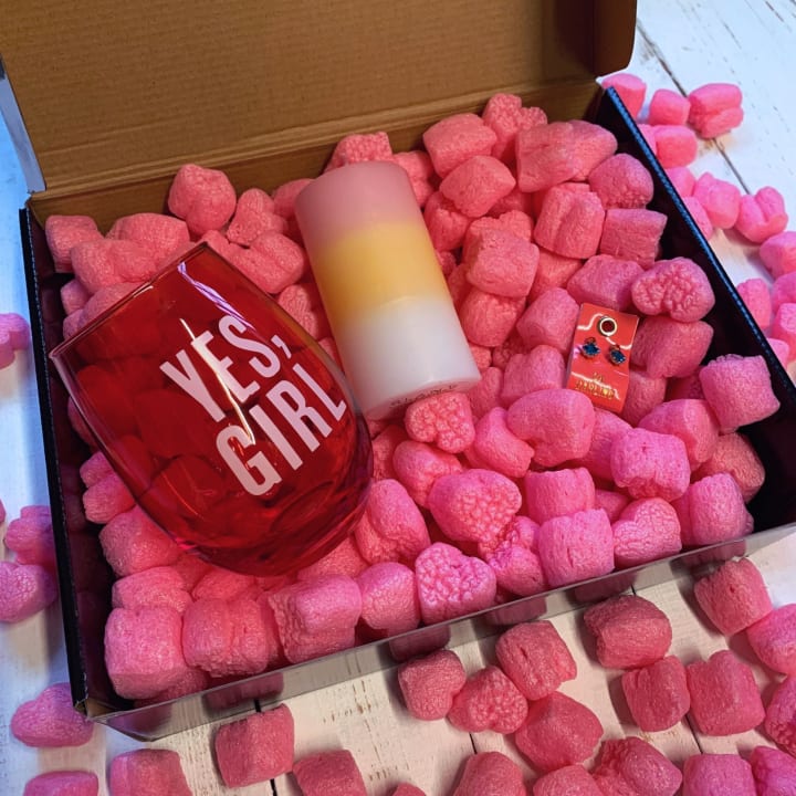 Candle + Sips Gift Box with Compostable Pink Heart Packing Peanuts