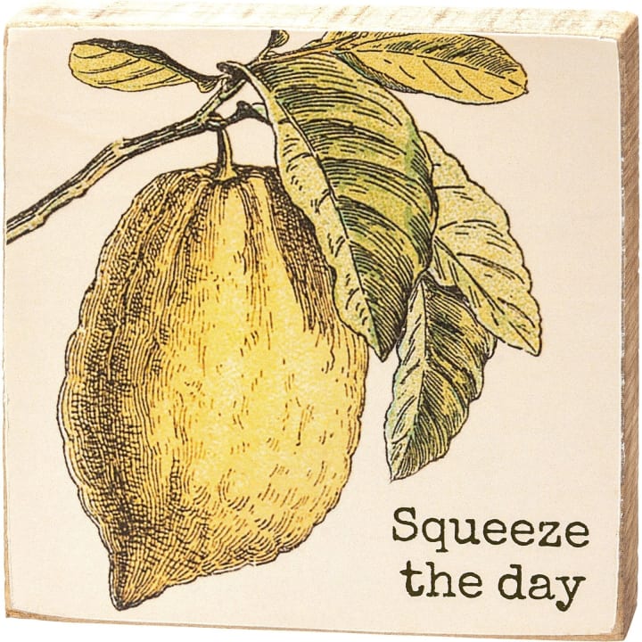 Squeeze The Day Inspo Lemon Wooden Block Sign | 4" x 4"