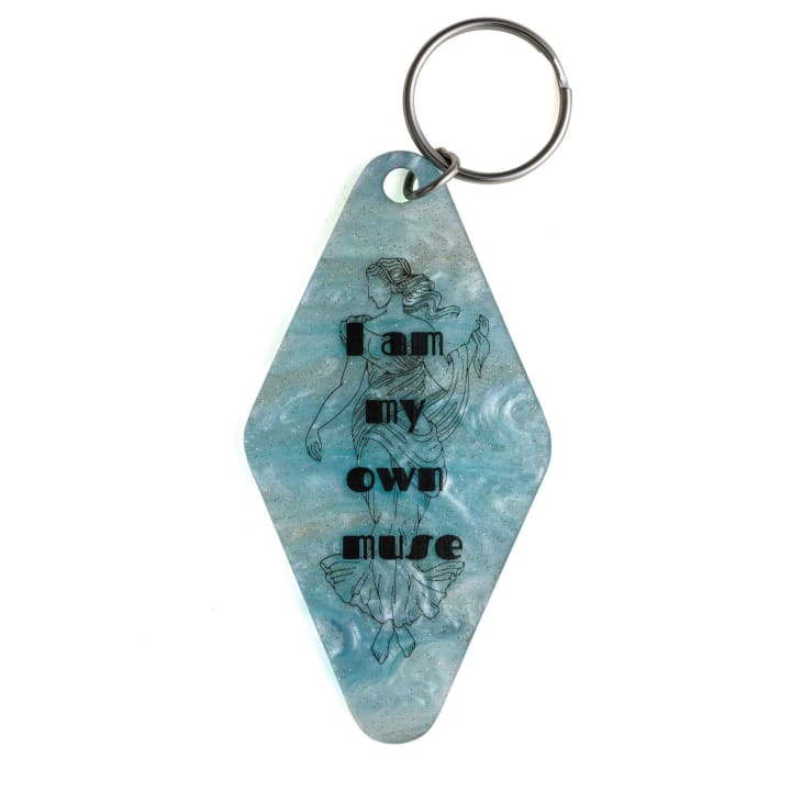 I Am My Own Muse Goddess Motel Keychain in Pearl Blue Marble