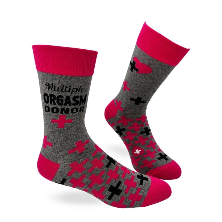 Multiple Orgasm Donor Men's Novelty Crew Socks | Grey and Pink Funny Cotton Socks