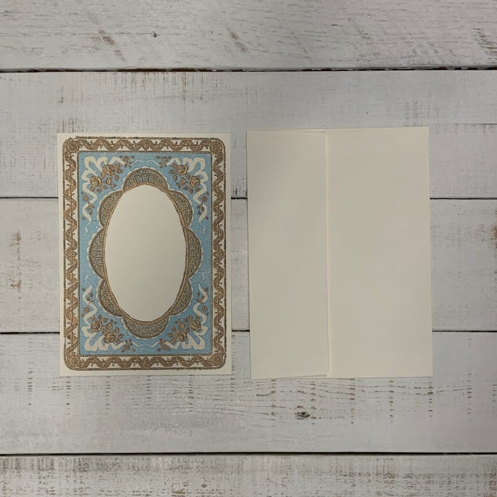 Set of 8 Single Sided Notecards Gold and Blue Ornate Frame