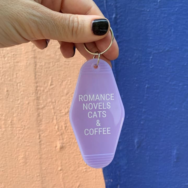 Romance Novels Cats & Coffee Motel Style Keychain in Purple